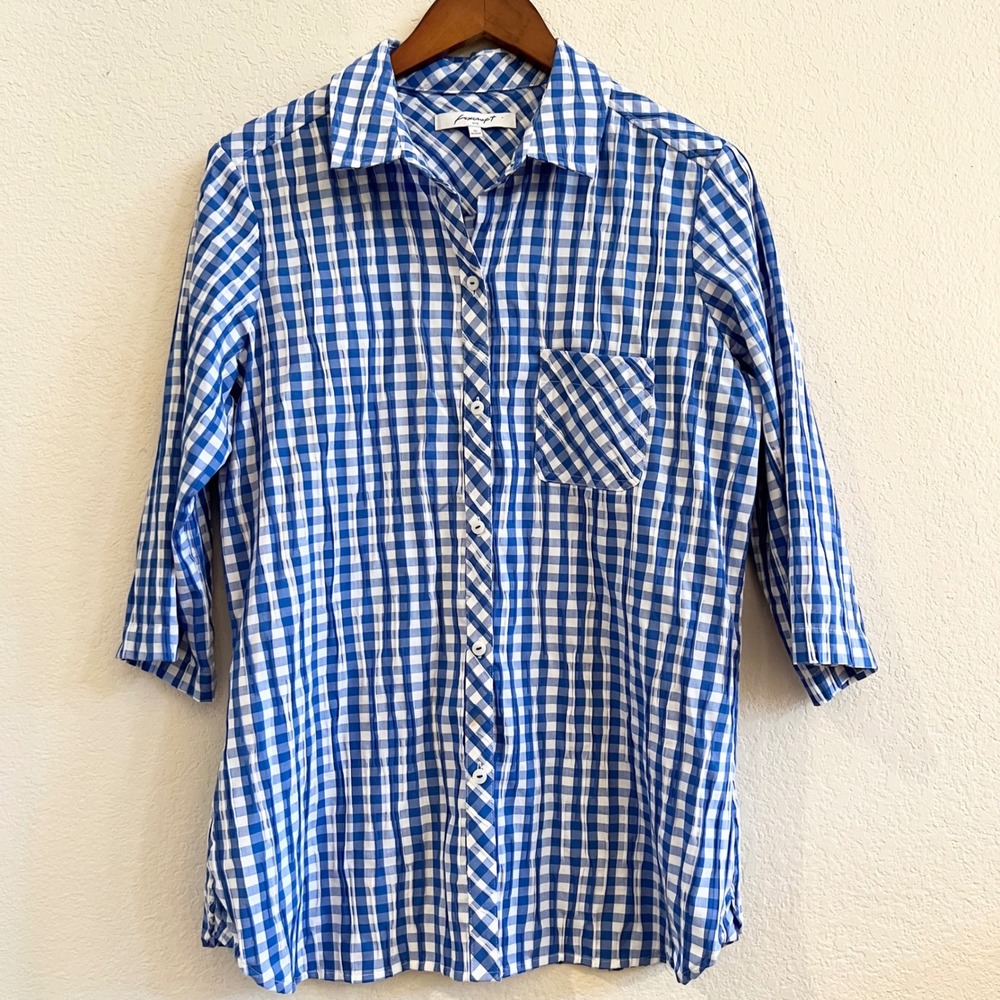 Foxcroft Blue Gingham Textured‎ Button Front Shirt Size 10 Roll Tab 3/4 Sleeve
